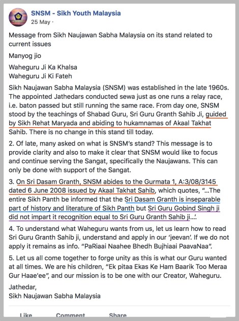 171127 PIC 01 SNSM Jathedars Statement FB